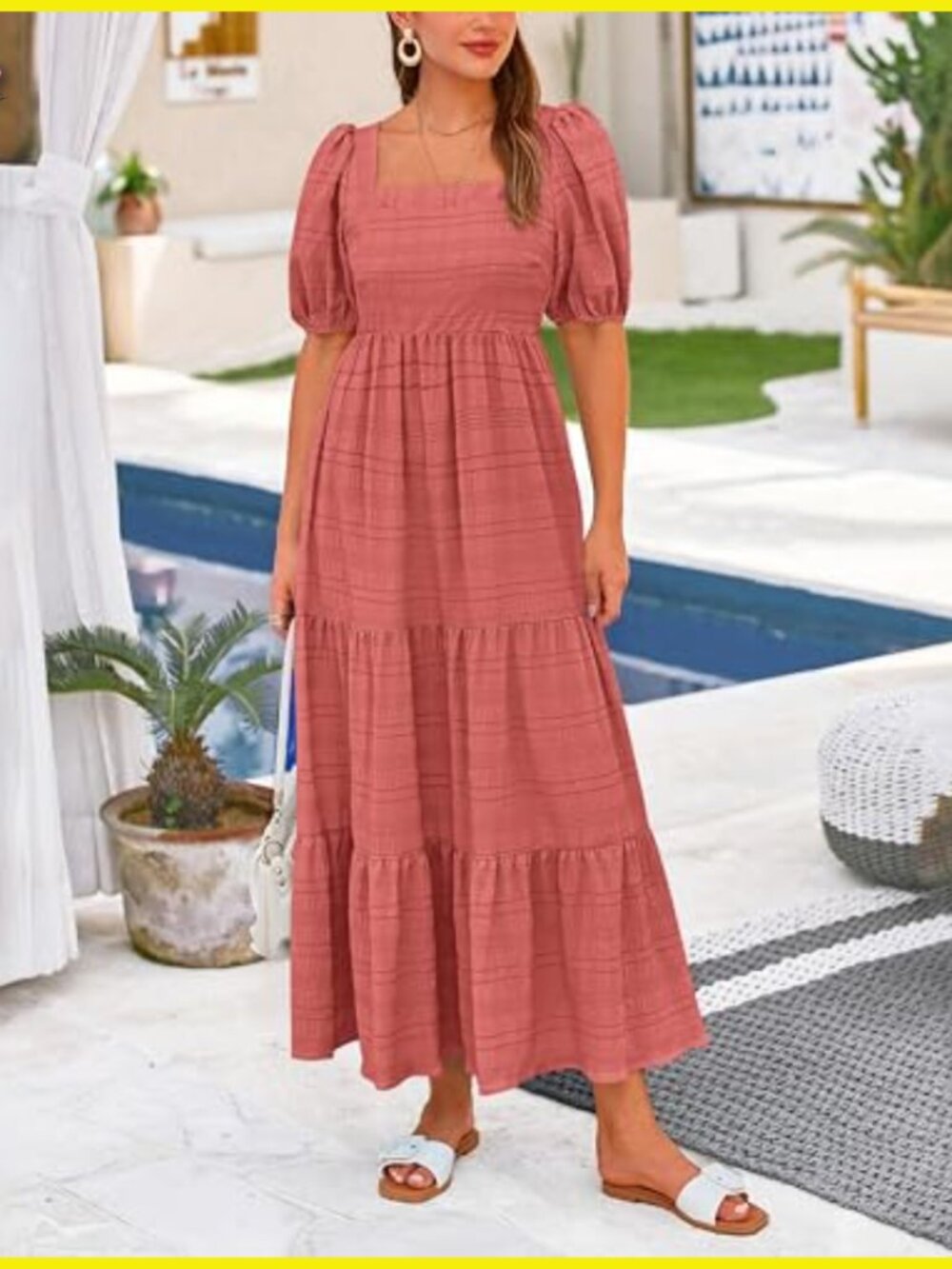Puff Sleeve Square Neck Smocked A-Line Midi Dress Flowy Boho Chic - Picture 4 of 7
